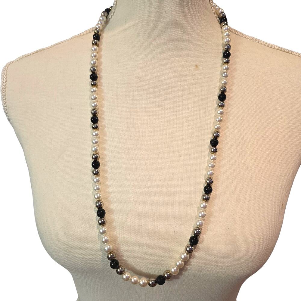Simulated Pearl Beaded Necklace Acrylic Black Beads Silver-Tone Spacers 30" Long